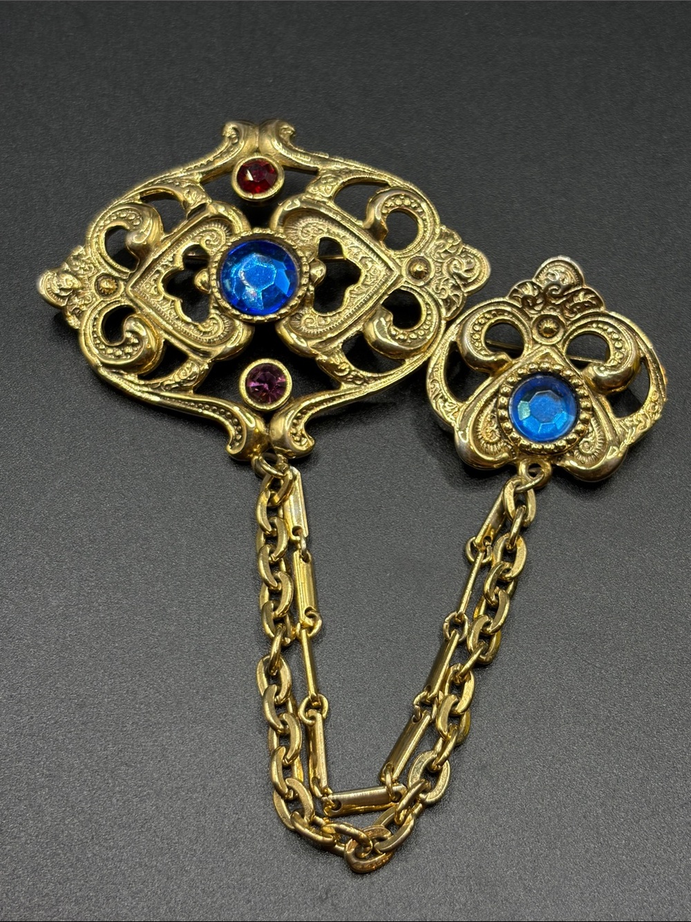 AJC Vintage Victorian Revival Double Sweater Pin Brooch Collar Chain Pin Jewelry